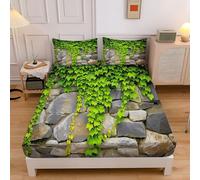 Bedding 4FT-Small Double Fitted Sheets, 30 Cm Extra Deep Pocket Green Bed Sheets, 12 inch Ultra Soft Brushed Microfiber Breathable Shrinkage Pastoral Plants Stone Wall Leaves Bottom Sheet, 120x190cm