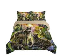 Bedding Animal 3D Timberwolves Pattern, Polyester Pillowcase and Zipper Duvet Cover, Gray Black Green Wolf Print Children's Adult Bedding Set Single Double King Size (Green,Single 135x200 cm)