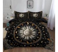 Bedding Bed Set Super King 260 x 220 cm, Microfiber Duvet Cover Ultrasoft Bedding Set With Zipper Closure, Reversible Duvet Cover With Pillowcases, Black, Fantasy Zodiac Signs Celestial Bodies