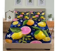 Bedding Bed Sheets Set 90x190 cm Fruit Lemon Print Microfiber Bedding Set Purple Fitted Sheet Set 3Pcs, Includes 1 Flat Fitted Sheets with 2 Pillowcase, Soft Single