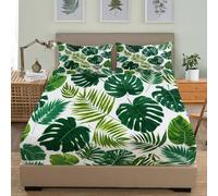 Bedding Bed Sheets Set 90x190 cm Tropical Plant Leaf Print Microfiber Bedding Set Green Fitted Sheet Set 3Pcs, Includes 1 Flat Fitted Sheets with 2 Pillowcase, Soft Single