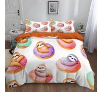 Bedding Donut Cartoon Sloth Super King Duvet Cover Premium Brushed Microfiber with Fitted Sheet Double Ultra-soft Hypoallergenic With Free Pillowcases 260 × 220 Orange Color
