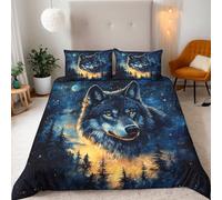 Bedding Double Duvet Cover Sets 3D Starry sky Moon Animal Wolf Print Quilt Cover 200x200 cm Microfiber Comfortable Breathable Comforter Cover + 2 Pillow Cases With Zipper Fixable Corner Straps