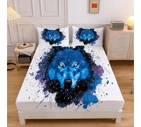 Bedding Double Fitted Sheets, 30 Cm Extra Deep Pocket Blue Bed Sheets, 12 inch Ultra Soft Brushed Microfiber Breathable Shrinkage Graffiti Animals Wolf Head With Spots Bottom Sheet, 135x190cm
