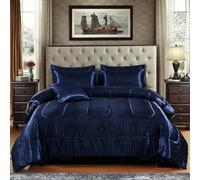 Bedding_Dreamer Satin Comforter Set Queen Size, 8 Piece Bed in a Bag Navy Blue with Sheets, Silky Soft Polyester Satin Bedding Set, Lightweight, 16 Inch Deep Pocket, Luxury Modern Style