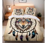 Bedding Duvet Cover Double Dreamcatcher Wolf Comforter Microfiber Easy Care Printed Abstract Art Retro Quilt Cover 3pcs 200x200 cm and 2 Pillowcases 50x75 With Zip Corner Ties Bedroom Decor