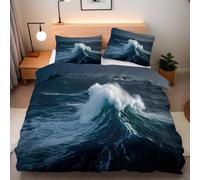 Bedding Duvet Cover Double Waves Sea Comforter Microfiber Easy Care Printed Ocean Scenery Quilt Cover 3pcs 200x200 cm and 2 Pillowcases 50x75 With Zip Corner Ties Bedroom Decor