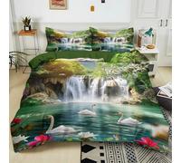 Bedding Duvet Cover Sets Single 135x200 cm 3D Waterfall Swan 3D Printed Microfiber Quilt Cover Set for Kids Teens, Bedroom Decor 3 Pcs Bedding Set with 2 Pillowcases