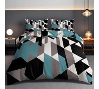 Bedding Duvet Cover Sets Single Size 140x200cm Geometric Triangle Soft Microfibre Bedding Set with 1 Duvet Cover 2 Pillowcase 50x75cm,Teal And Grey Comfortable Bedding with Corner Ties