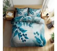 Bedding Duvet Cover Super King 260 x 220 cm, Ultra soft Hypoallergenic Premium Brushed Microfibre Bedding - Plant Watercolour Berries Leaves Reversible Quilt Cover Set Light Blue (3 Piece)