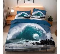 Bedding Duvet Cover Super King Waves Beach Comforter Microfiber Easy Care Printed Sea Scenery Quilt Cover 3pcs 260x220 cm and 2 Pillowcases 50x75 With Zip Corner Ties Bedroom Decor