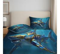 Bedding Fitted Sheet Double(135 x 190 x 30),Blue - Deep Pocket 30 cm (12") - Easy Care - Soft Microfibre - Shrinkage and Fade Resistant - Animation Underwater Shark Armour Fitted Sheet
