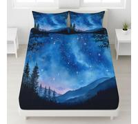 Bedding Fitted Sheet Set Double 135 x 190 cm - 30 cm Deep Pocket, Soft Brushed Microfibre Bed Sheet Set, Wrinkle-Resistant, Easy Care, Breathable, Blue, Night Sky Landscape Shooting Star
