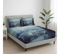 Bedding Fitted Sheet Set King Size 150 x 200 cm - 30 cm Deep Pocket, Soft Brushed Microfibre Bed Sheet Set, Wrinkle-Resistant, Easy Care, Breathable, Navy Blue, Landscape Snow Mountain Trees