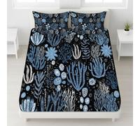 Bedding Fitted Sheet Set Single 90 x 190 cm - 30 cm Deep Pocket, Soft Brushed Microfibre Bed Sheet Set, Wrinkle-Resistant, Easy Care, Breathable, Coral Blue, Art Texture Seaweed