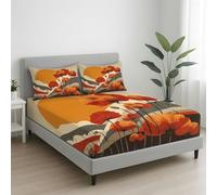 Bedding Fitted Sheet Set Super King Size 180 x 200 cm - 30 cm Deep Pocket, Soft Brushed Microfibre Bed Sheet Set, Skin Friendly, Wrinkle-Free, Easy Care, Red orange, Vintage Rising Sun Flowers