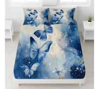 Bedding Fitted Sheet Set Super King Size 180 x 200 cm - 30 cm Deep Pocket, Soft Brushed Microfibre Bed Sheet Set, Skin Friendly, Wrinkle-Free, Easy Care, Navy Blue, Watercolor Butterfly Star