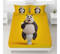 Bedding Fitted Sheet Super King(180 x 200 cm),Yellow - Deep Pocket 30 cm (12") - Easy Care - Soft Microfibre - Shrinkage and Fade Resistant - Cartoon Panda Brushing Teeth Toilet Fitted Sheet