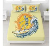 Bedding Fitted Sheet Super King Size Set - 180 x 200 cm - 30 cm Deep Pocket, Soft Brushed Microfibre Bed Sheets, Skin Friendly, Wrinkle-Free, Easy Care, Yellow, Cartoon Surfing Skeleton