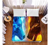 Bedding Fitted Sheets Soft, Treer Microfibre Elasticity Print Comfort Easy Care Bed Sheet Extra Deep Polyester Wrinkle and Fade Resistant Single Double King (Fire Wolf,140x200x30cm)