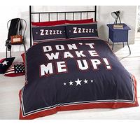 Bedding Heaven Don't Wake Me Up Duvet Cover. Fully Reversible. Perfect Teenage Bedding Set. Blue and Red Striped Double