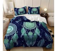 Bedding Kids Adult Double Duvet Set 3 Pcs Double 79x79 inch Bohemia Dreamcatcher Starry Night Bedding Quilt Cover Set with Zipper Closure Green Microfibre Duvet Cover and 2 Pillowcases