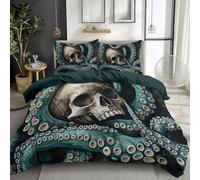 Bedding Queen Size Horror Art Skull Octopus Tentacles Duvet Cover Set 230 x 220 cm, Reversible Horror Skull Duvet Cover 2 with Pillowcases, Soft Breathable Summer Bedding for Adults Adolescents