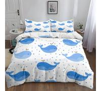 Bedding Quilt Cover Set, Cartoon Blue Whale With Stripes And Dots King Duvet Cover Premium Brushed Microfiber with 2 Pillowcases Soft Comfortable Touch With Zipper Closure 230 x 220 cm White