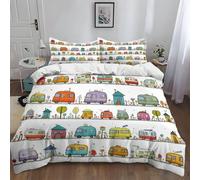 Bedding Quilt Cover Set, Cartoon Camper Van Cabin Single Duvet Cover Premium Brushed Microfiber with 2 Pillowcases Soft Comfortable Touch With Zipper Closure 135 x 200 cm Grey