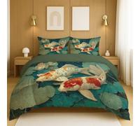 Bedding Quilt Cover Set Green White Duvet Cover Chinese Painting Simple Lotus Pond Koi Fish Bedclothes Printed For Kids Children Teens Boys Girls Comforter Cover 135x200cm(53" x 85")