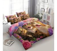 Bedding Quilt Cover Set Super King 260x220 cm Fantasy Animals Cats Pink 3 Pieces Duvet Cover Sets, with Zipper Closure and 2 Pillowcases, Non-Iron Easy Care Bedding Set