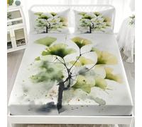Bedding Set 30Cm Deep Pockets 54x75 inch For Double Size Sheets Minimalist Watercolor Ginkgo Leaves Fitted Sheet With 2 Pillowcases Green Microfiber Soft Fade Resistant Bedroom 3 Piece