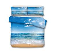 Bedding Set 3D Ocean Beach Blue Sky and White Clouds Romantic Scenery Design Pattern King Size Duvet/Quilt Cover Multicolor Bedroom Decorative Bed Set Zipper Closure Easy Care