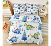 Bedding Set 3Pcs White Soft Reversible Quilt Cover Bedroom Decor, Double 135 x 200 cm Duvet Cartoon Cute Dinosaur Christmas Tree, Printed Down Bedding Comforters For All Seasons