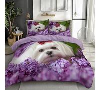 Bedding Set Animals Puppy Flowers Reversible Printed Pattern Quilt Duvet Cover, Purple Reversible Poly Cotton Bedding Single Bed Set - Breathable Comforter Cover, 135 x 200 cm