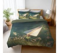 Bedding Set - Bed Linen Set 3D Anime Illustration Paper Plane with Green Print Bedding for Boys & Girls with Quilt Cover in Microfiber 3 Piece King size Duvet Cover Set 225 x 200 cm with Pillowcase