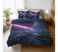 Bedding Set - Bed Linen Set 3D Tech Space City with Blue Print Bedding for Boys & Girls with Quilt Cover in Microfiber 3 Piece Double Duvet Cover Set 200 x 200 CM with Pillowcase