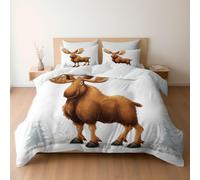 Bedding Set Cartoon Animal Moose Trees, Reversible Duvet Cover Set with Pillowcases for Double Bed, White Bedding, Soft Microfiber Duvet Cover Zipper Closure 200 x 200 cm