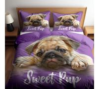 Bedding Set Cartoon Table Pug Duvet Sets Single 100% Poly Cotton Quilt Cover with Pillowcases 3 PCs - Ultra soft Hypoallergenic Luxury with Fitted Sheet and Pillowcases 135 x 200 cm Purple