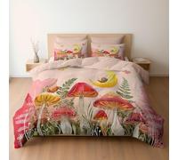 Bedding Set Cute Cartoon Mushroom Snail Butterfly, Reversible Duvet Cover Set with Pillowcases for Double Bed, Beige Blush Bedding, Soft Microfiber Duvet Cover Zipper Closure 200 x 200 cm