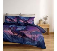 Bedding Set Darkness Fantasy Dragon Anime, Reversible Duvet Cover Set with Pillowcases for Single Bed, Dark Purple Blue Bedding, Soft Microfiber Duvet Cover Zipper Closure 135 x 200 cm