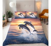 Bedding Set Dolphin Single Duvet Set 135x200 cm Sunset Deep Sea Dolphins Duvet Cover Sets Easy Care Kids Single Bedding Breathable Microfiber Quilt Cover with Zipper and 2 Pillow Case