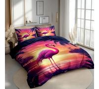 Bedding Set Duvet Cover Set Cot-bed for Kids Toddler- Flamingo Tropical Palm Trees Neon Colors Printed Quilted Comforter Cover with 1 Pillowcases, Midnight Blue, Microfiber, Zipper Closure, 2 Pieces