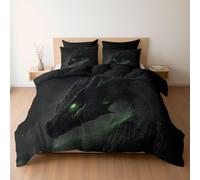 Bedding Set Fantasy Art Black Dragon Green Eyes, Reversible Duvet Cover Set with Pillowcases for Double Bed, Black Bedding, Soft Microfiber Duvet Cover Zipper Closure 200 x 200 cm