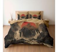 Bedding Set Ink Painting Japanese Temple Waterfall Mountain, Reversible Duvet Cover Set with Pillowcases for Single Bed, Beige Bedding, Soft Microfiber Duvet Cover Zipper Closure 135 x 200 cm