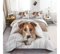 Bedding Set Jack Russell Terrier on Bed Printed Duvet Cover Set for Kids Adults White and yellow Quilt Cover Bedroom Collection 3 Pcs Single Size With 2 pillowcases