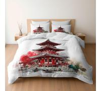 Bedding Set Japanese Temple Watercolor Clipart, Reversible Duvet Cover Set with Pillowcases for Cot-bed Bed, White Bedding, Soft Microfiber Duvet Cover Zipper Closure 120 x 150 cm