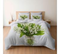 Bedding Set Lily of the Valley Vase Ribbon, Reversible Duvet Cover Set with Pillowcases for Super King Bed, White Bedding, Soft Microfiber Duvet Cover Zipper Closure 260 x 220 cm