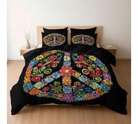 Bedding Set Medieval Art Floral Peace Symbol, Reversible Duvet Cover Set with Pillowcases for Cot-bed Bed, Black Bedding, Soft Microfiber Duvet Cover Zipper Closure 120 x 150 cm