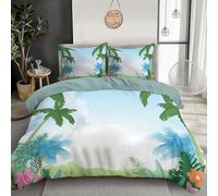 Bedding Set Microfiber 3Pcs For Super King Size,3D White Green Palm Tree Flowers Duvet Cover Set With Tropical Scenery Printing Quilt Cover & 2 Pillowcases For Adult Kids,260X220Cm